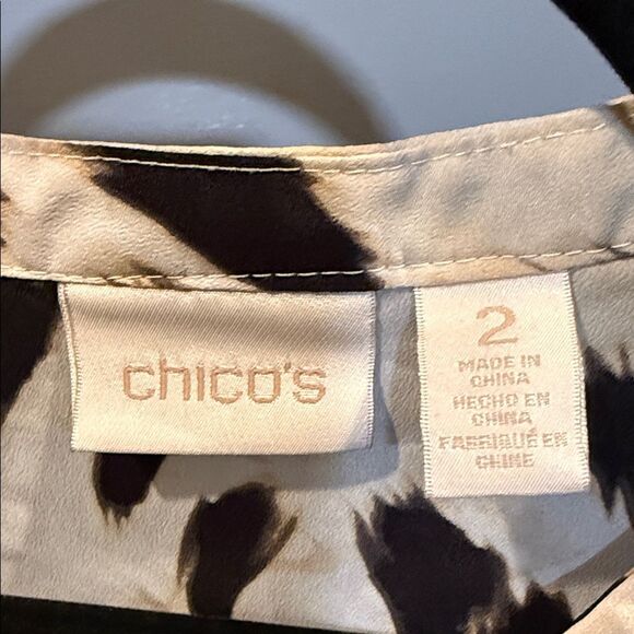 Chico's Black, Tan and White Patterned Asymmetrical Tunic Blouse Size Large - Picture 2 of 5